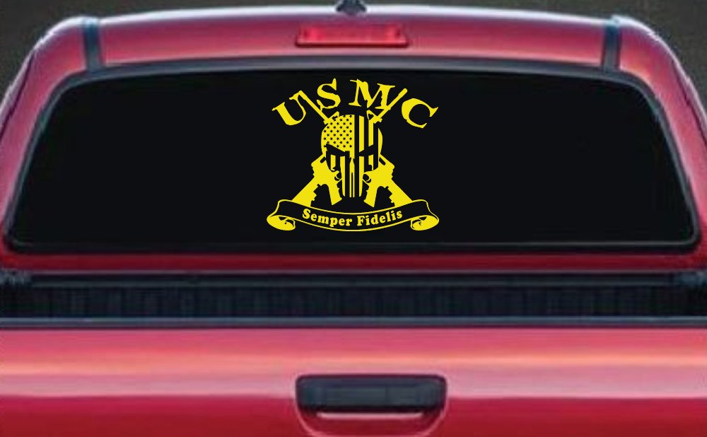 USMC Semper Fidelis Punisher Skull US Flag Crossed AR15 Guns Military Car or Truck Window Vinyl Decal Sticker (Yellow)