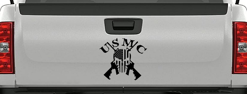 USMC Punisher Skull US Flag Crossed AR15 Guns Military Car or Truck Window Decal Sticker