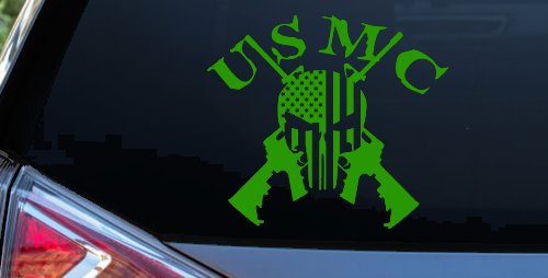 USMC Punisher Skull US Flag Crossed AR15 Guns Military Car or Truck Window Vinyl Decal Sticker (Lime)