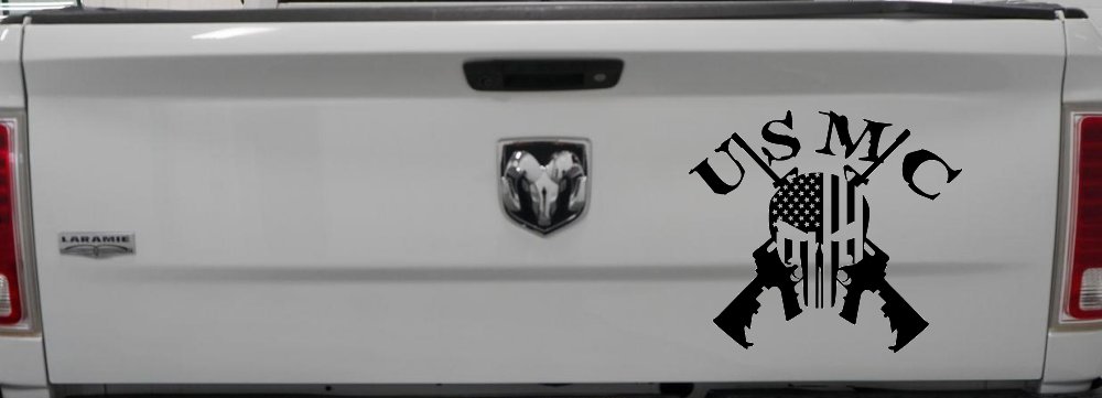 USMC Punisher Skull US Flag Crossed AR15 Guns Military Car or Truck Window Decal Sticker