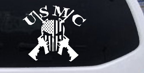 USMC Punisher Skull US Flag Crossed AR15 Guns Military Car or Truck Window Decal Sticker (White)