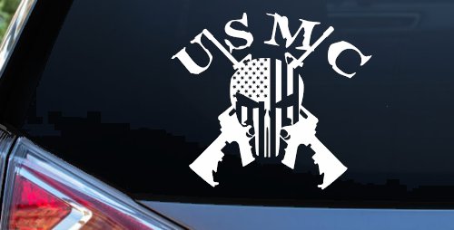 USMC Punisher Skull US Flag Crossed AR15 Guns Military Car or Truck Window Vinyl Decal Sticker (White)