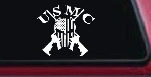 USMC Punisher Skull US Flag Crossed AR15 Guns Military Car or Truck Window Decal Sticker (White)