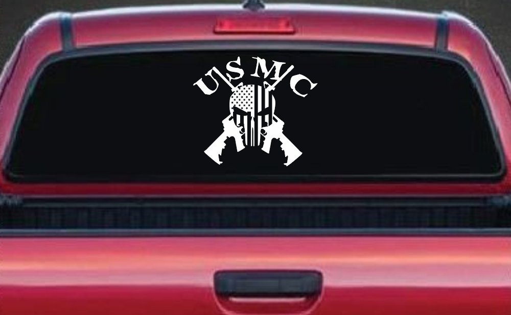 USMC Punisher Skull US Flag Crossed AR15 Guns Military Car or Truck Window Decal Sticker (White)