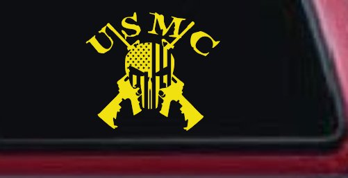 USMC Punisher Skull US Flag Crossed AR15 Guns Military Car or Truck Window Decal Sticker (Yellow)