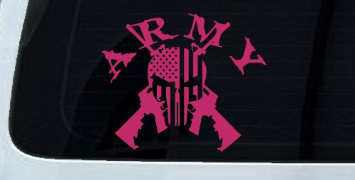 ARMY Punisher Skull US American Flag Crossed AR15 Guns Military Car or Truck Window Decal Sticker (Hot Pink)