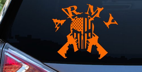 ARMY Punisher Skull US American Flag Crossed AR15 Guns Military Car or Truck Window Decal Sticker (Orange)