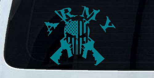ARMY Punisher Skull US American Flag Crossed AR15 Guns Military Car or Truck Window Decal Sticker (Turquoise Blue)