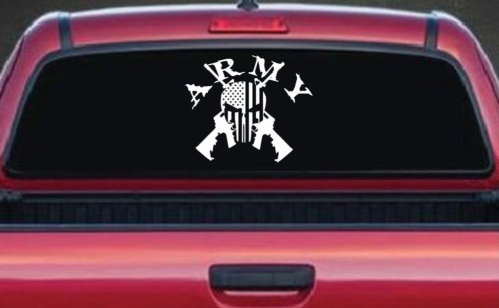 ARMY Punisher Skull US American Flag Crossed AR15 Guns Military Car or Truck Window Vinyl Decal Sticker (White)