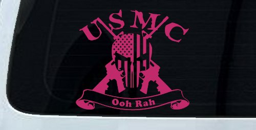 USMC United States Marine Corps Ooh Rah Punisher Skull US Flag Crossed AR15 Guns Military Car or Truck Window Decal Sticker (Hot Pink)