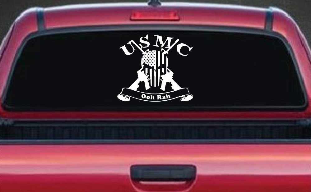 USMC United States Marine Corps Ooh Rah Punisher Skull US Flag Crossed AR15 Guns Military Car or Truck Window Decal Sticker