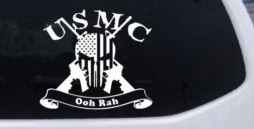 USMC United States Marine Corps Ooh Rah Punisher Skull US Flag Crossed AR15 Guns Military Car or Truck Window Decal Sticker (White)
