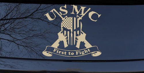 USMC United States Marine Corps First to Fight Punisher Skull US Flag Crossed AR15 Guns Military Car or Truck Window Vinyl Decal Sticker (Desert Sand)