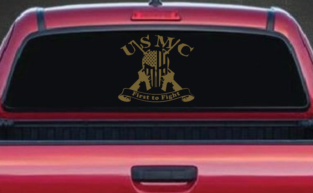 USMC United States Marine Corps First to Fight Punisher Skull US Flag Crossed AR15 Guns Military Car or Truck Window Decal Sticker
