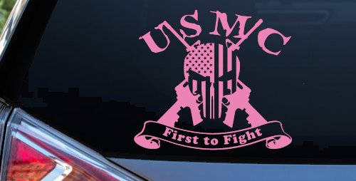 USMC United States Marine Corps First to Fight Punisher Skull US Flag Crossed AR15 Guns Military Car or Truck Window Decal Sticker