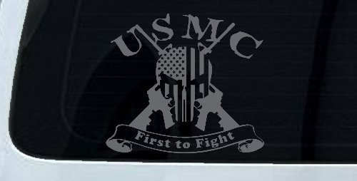 USMC United States Marine Corps First to Fight Punisher Skull US Flag Crossed AR15 Guns Military Car or Truck Window Decal Sticker