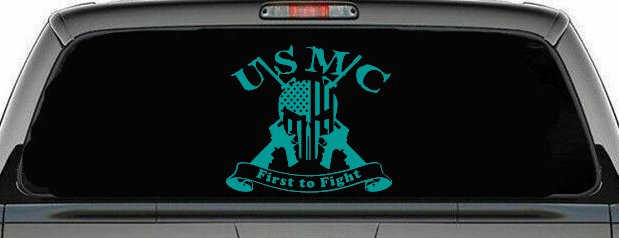 USMC United States Marine Corps First to Fight Punisher Skull US Flag Crossed AR15 Guns Military Car or Truck Window Decal Sticker (Turquoise)
