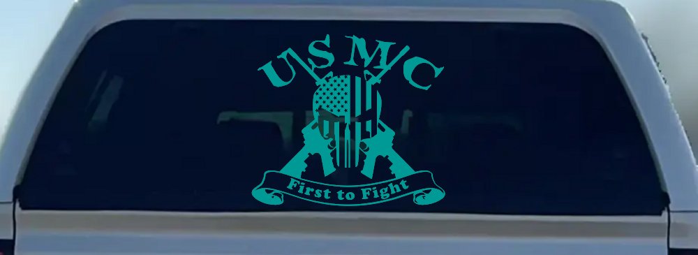 USMC United States Marine Corps First to Fight Punisher Skull US Flag Crossed AR15 Guns Military Car or Truck Window Decal Sticker