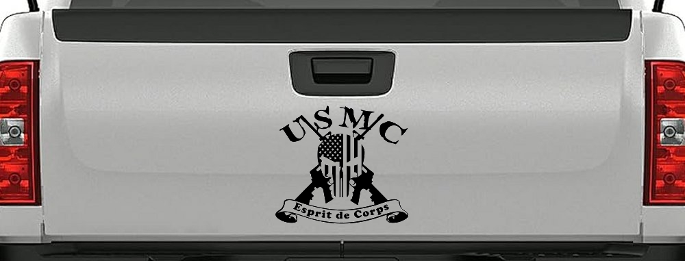 USMC United States Marine Corps Esprit de Corps Punisher Skull US Flag Crossed AR15 Guns Military Car or Truck Window Decal Sticker