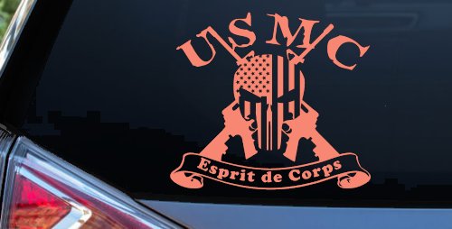 USMC United States Marine Corps Esprit de Corps Punisher Skull US Flag Crossed AR15 Guns Military Car or Truck Window Decal Sticker (Coral)