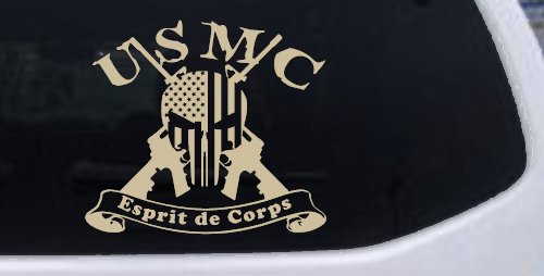 USMC United States Marine Corps Esprit de Corps Punisher Skull US Flag Crossed AR15 Guns Military Car or Truck Window Decal Sticker (Desert Sand)