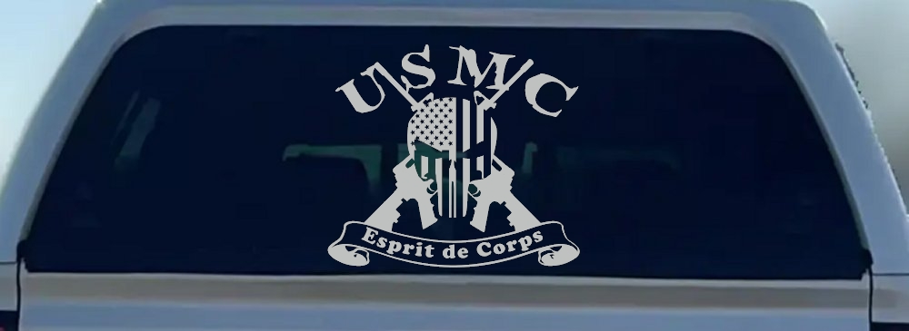 USMC United States Marine Corps Esprit de Corps Punisher Skull US Flag Crossed AR15 Guns Military Car or Truck Window Decal Sticker