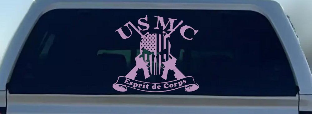 USMC United States Marine Corps Esprit de Corps Punisher Skull US Flag Crossed AR15 Guns Military Car or Truck Window Decal Sticker (Lilac)