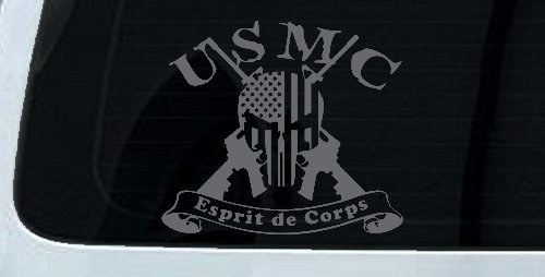 USMC United States Marine Corps Esprit de Corps Punisher Skull US Flag Crossed AR15 Guns Military Car or Truck Window Decal Sticker (Silver)