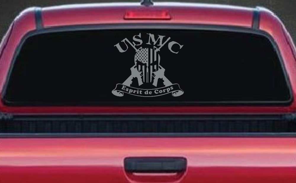USMC United States Marine Corps Esprit de Corps Punisher Skull US Flag Crossed AR15 Guns Military Car or Truck Window Decal Sticker (Telegrey)