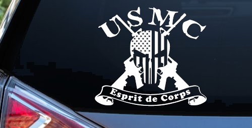 USMC United States Marine Corps Esprit de Corps Punisher Skull US Flag Crossed AR15 Guns Military Car or Truck Window Decal Sticker