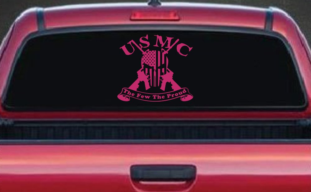 USMC United States Marine Corps The Few The Proud Punisher Skull US Flag Crossed AR15 Guns Military Car or Truck Window Decal Sticker (Hot Pink)
