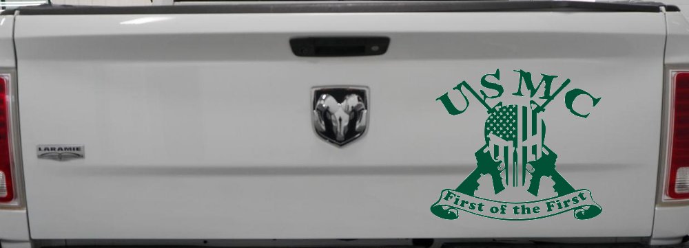 USMC United States Marine Corps First of the First Punisher Skull US Flag Crossed AR15 Guns Military Car or Truck Window Decal Sticker (Dark Green)