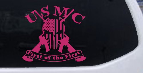 USMC United States Marine Corps First of the First Punisher Skull US Flag Crossed AR15 Guns Military Car or Truck Window Vinyl Decal Sticker (Hot Pink)