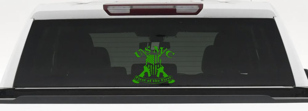 USMC United States Marine Corps First of the First Punisher Skull US Flag Crossed AR15 Guns Military Car or Truck Window Vinyl Decal Sticker (Lime)
