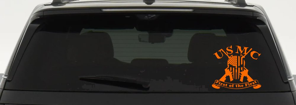 USMC United States Marine Corps First of the First Punisher Skull US Flag Crossed AR15 Guns Military Car or Truck Window Vinyl Decal Sticker (Orange)