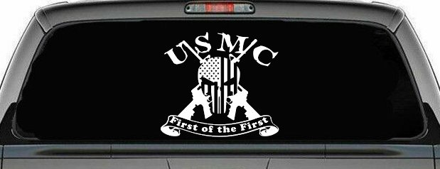 USMC United States Marine Corps First of the First Punisher Skull US Flag Crossed AR15 Guns Military Car or Truck Window Decal Sticker (White)