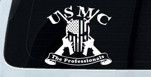 USMC United States Marine Corps The Professionals Punisher Skull US Flag Crossed AR15 Guns Military Car or Truck Window Vinyl Decal Sticker (White)