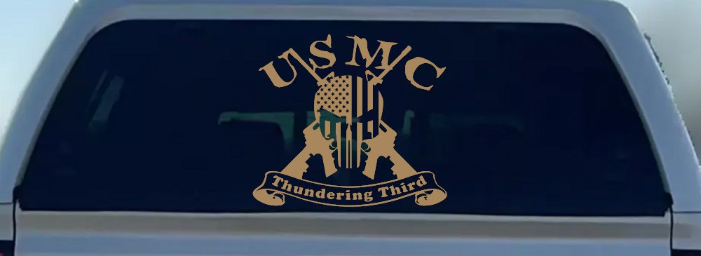 USMC United States Marine Corps Thundering Third Punisher Skull US Flag Crossed AR15 Guns Military Car or Truck Window Decal Sticker (Light Brown)