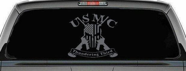 USMC United States Marine Corps Thundering Third Punisher Skull US Flag Crossed AR15 Guns Military Car or Truck Window Vinyl Decal Sticker (Silver)