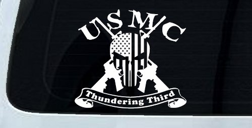 USMC United States Marine Corps Thundering Third Punisher Skull US Flag Crossed AR15 Guns Military Car or Truck Window Vinyl Decal Sticker (White)