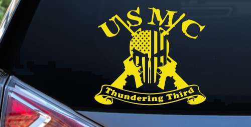 USMC United States Marine Corps Thundering Third Punisher Skull US Flag Crossed AR15 Guns Military Car or Truck Window Decal Sticker (Yellow)
