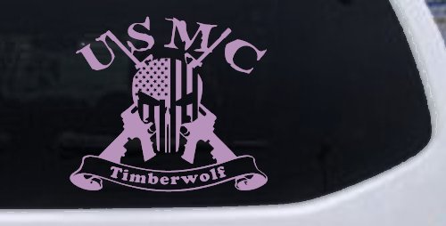 USMC United States Marine Corps Timberwolf Punisher Skull US Flag Crossed AR15 Guns Military Car or Truck Window Decal Sticker (Lilac)