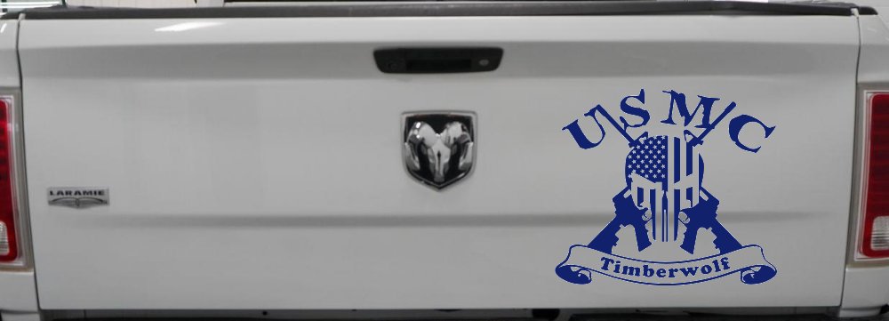 USMC United States Marine Corps Timberwolf Punisher Skull US Flag Crossed AR15 Guns Military Car or Truck Window Decal Sticker (Navy)