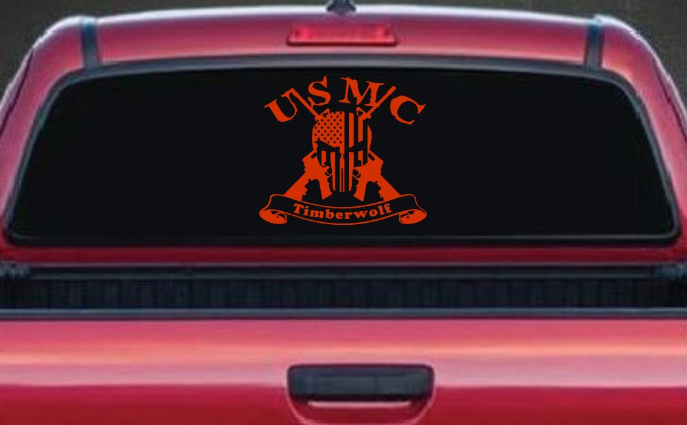 USMC United States Marine Corps Timberwolf Punisher Skull US Flag Crossed AR15 Guns Military Car or Truck Window Decal Sticker