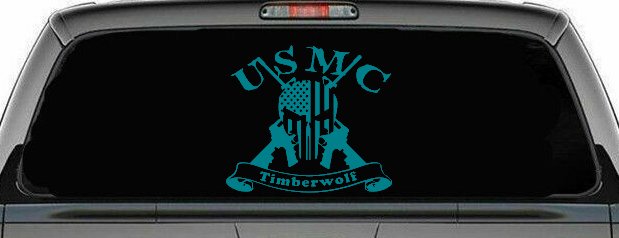 USMC United States Marine Corps Timberwolf Punisher Skull US Flag Crossed AR15 Guns Military Car or Truck Window Decal Sticker