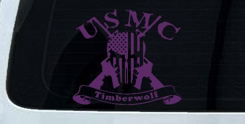 USMC United States Marine Corps Timberwolf Punisher Skull US Flag Crossed AR15 Guns Military Car or Truck Window Decal Sticker (Violet)