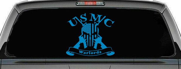 USMC United States Marine Corps Warlords Punisher Skull US Flag Crossed AR15 Guns Military Car or Truck Window Decal Sticker (Blue)
