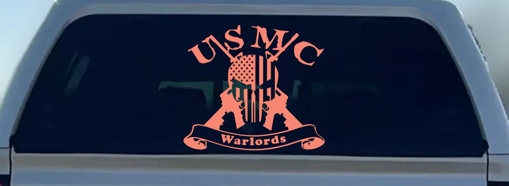 USMC United States Marine Corps Warlords Punisher Skull US Flag Crossed AR15 Guns Military Car or Truck Window Decal Sticker (Coral)