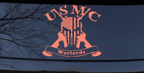 USMC United States Marine Corps Warlords Punisher Skull US Flag Crossed AR15 Guns Military Car or Truck Window Decal Sticker (Coral)