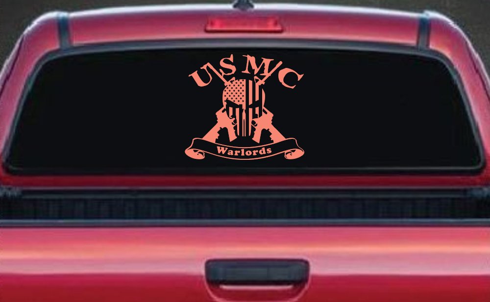 USMC United States Marine Corps Warlords Punisher Skull US Flag Crossed AR15 Guns Military Car or Truck Window Decal Sticker (Coral)